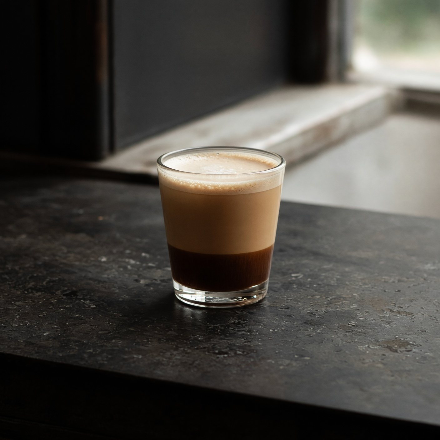 A cortado in a small glass