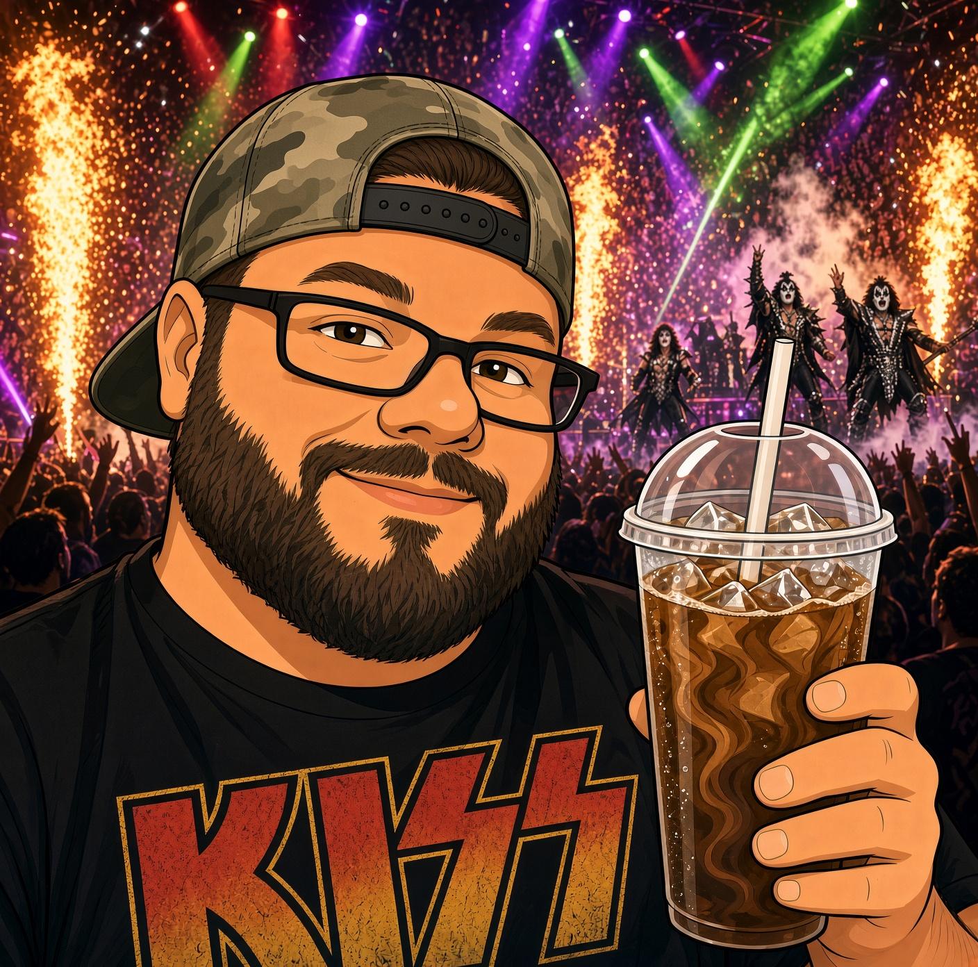 Illustrated Jupin in a backward cap and glasses, holding an iced coffee at a concert