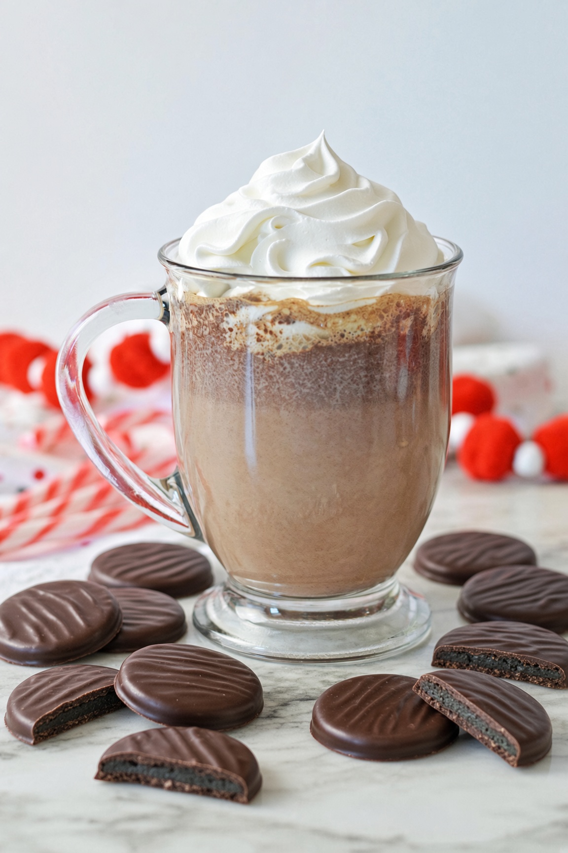 A glass mug of Girl Scout hot chocolate with plain whipped cream and Thin Mints
