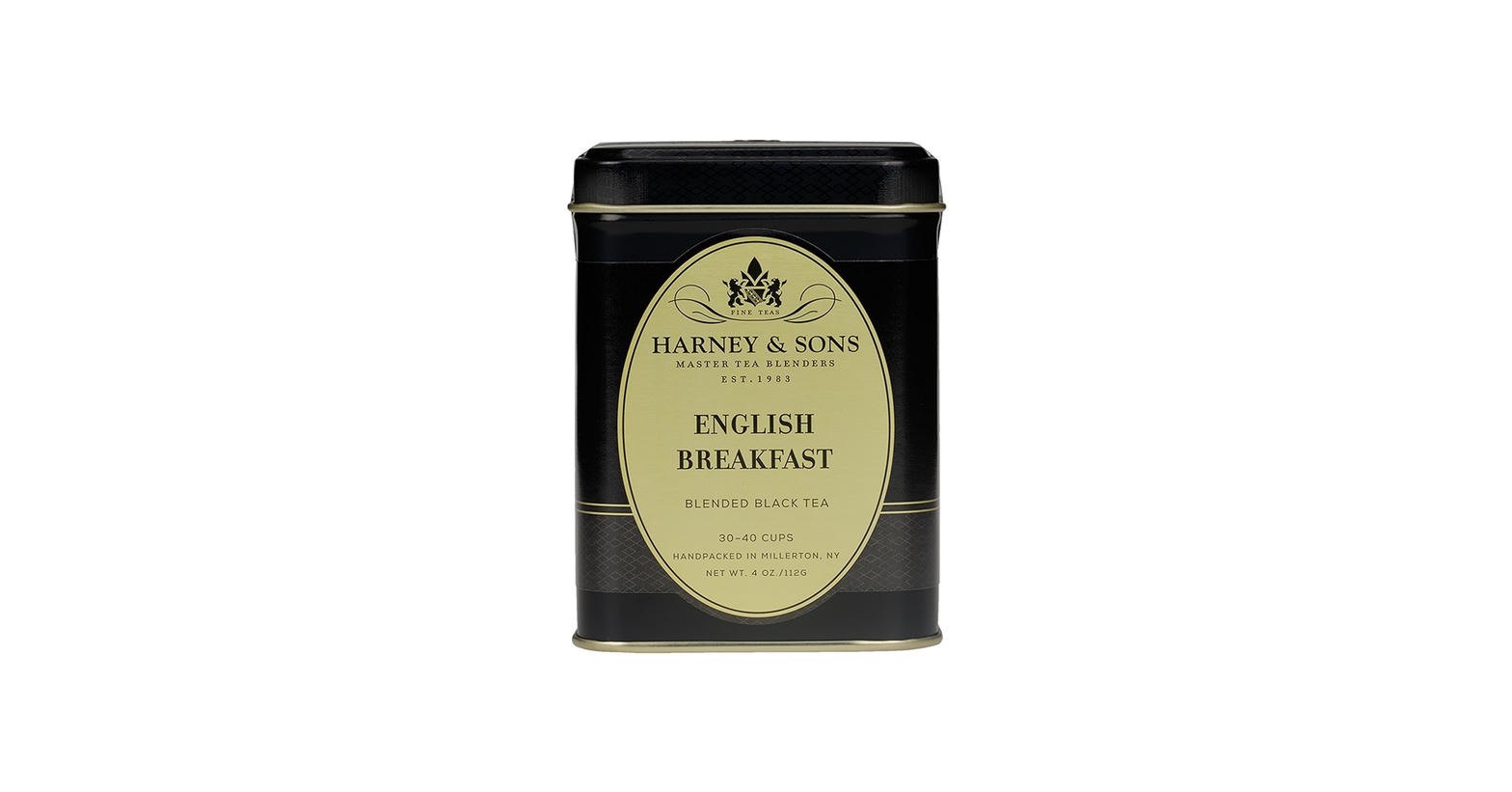 A tin of Harney and Sons English Breakfast tea