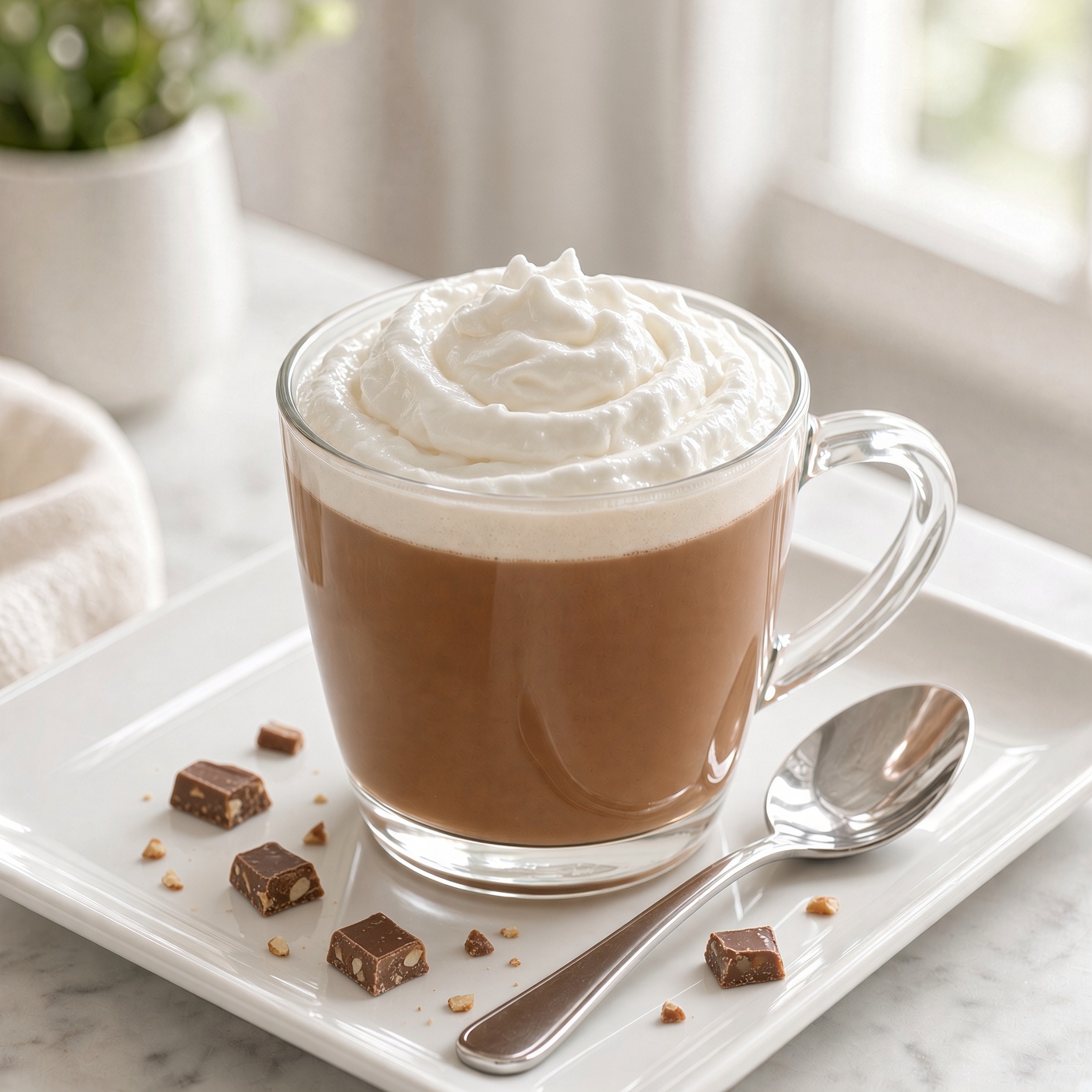 A glass mug of Heath Bar hot chocolate with plain whipped cream
