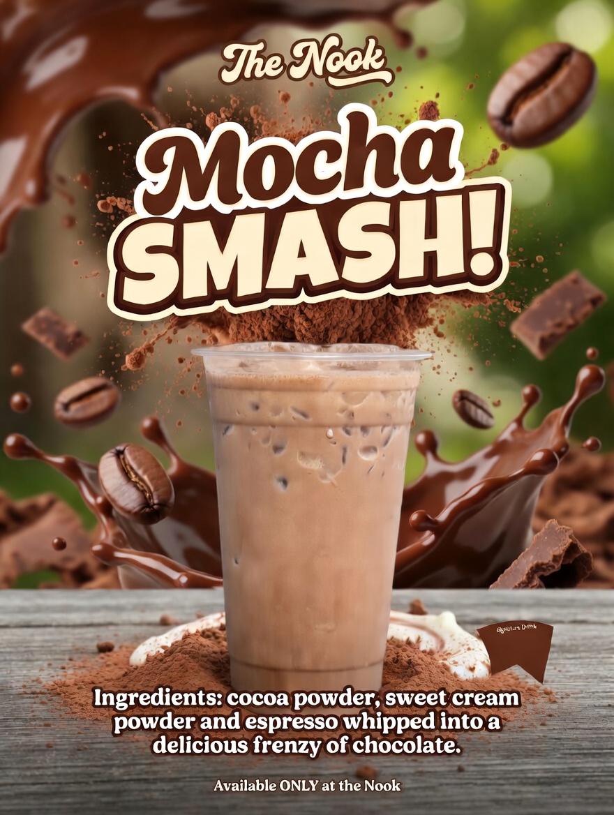Mocha SMASH! poster with an iced chocolate drink