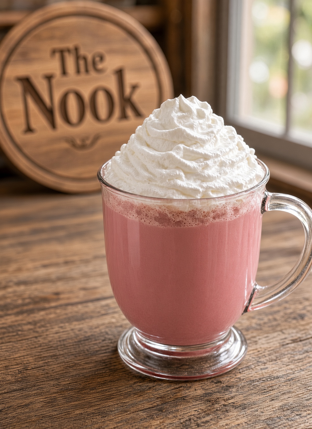 A glass mug of red velvet hot chocolate with whipped cream and red drizzle