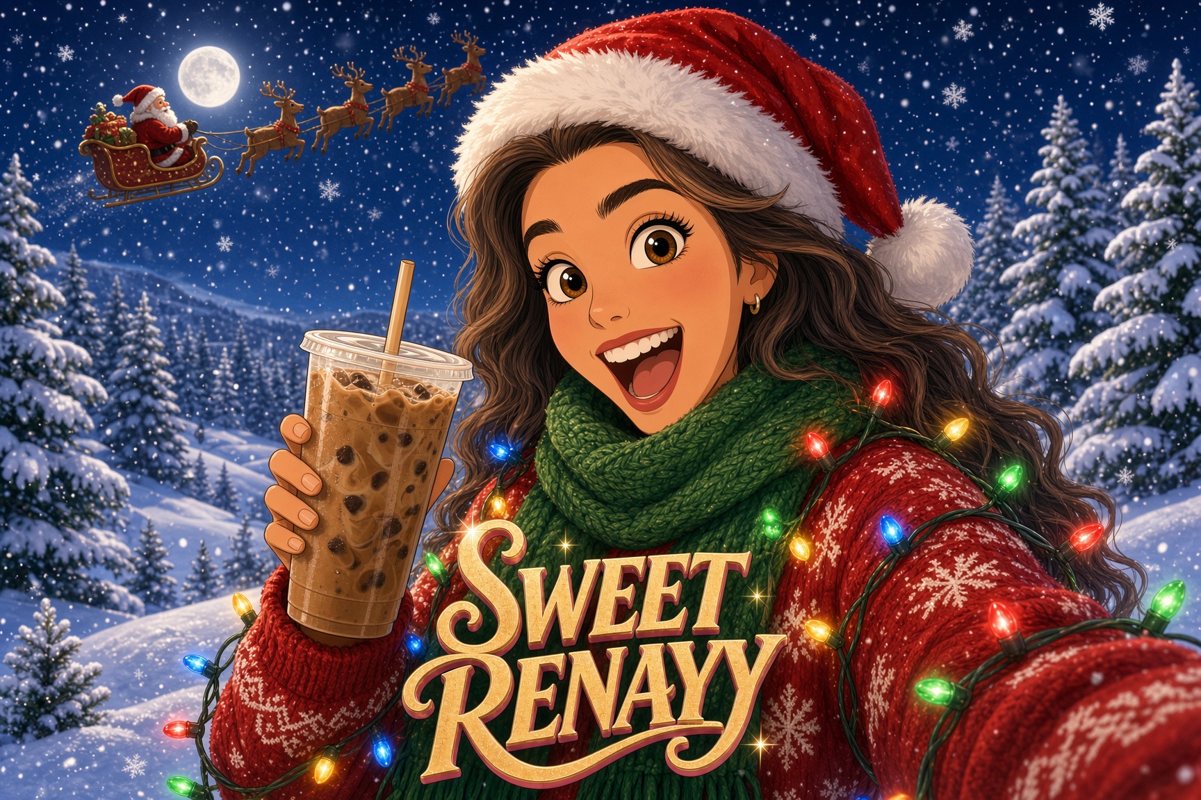 Illustrated Sweet Renayy in a Christmas sweater and Santa hat, snowy hills behind her, Santa in the sky, and colorful lights