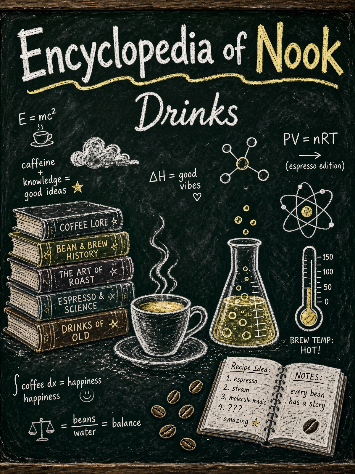 A chalk drawing titled Encyclopedia of Nook, with coffee books, a steaming cup, and science doodles