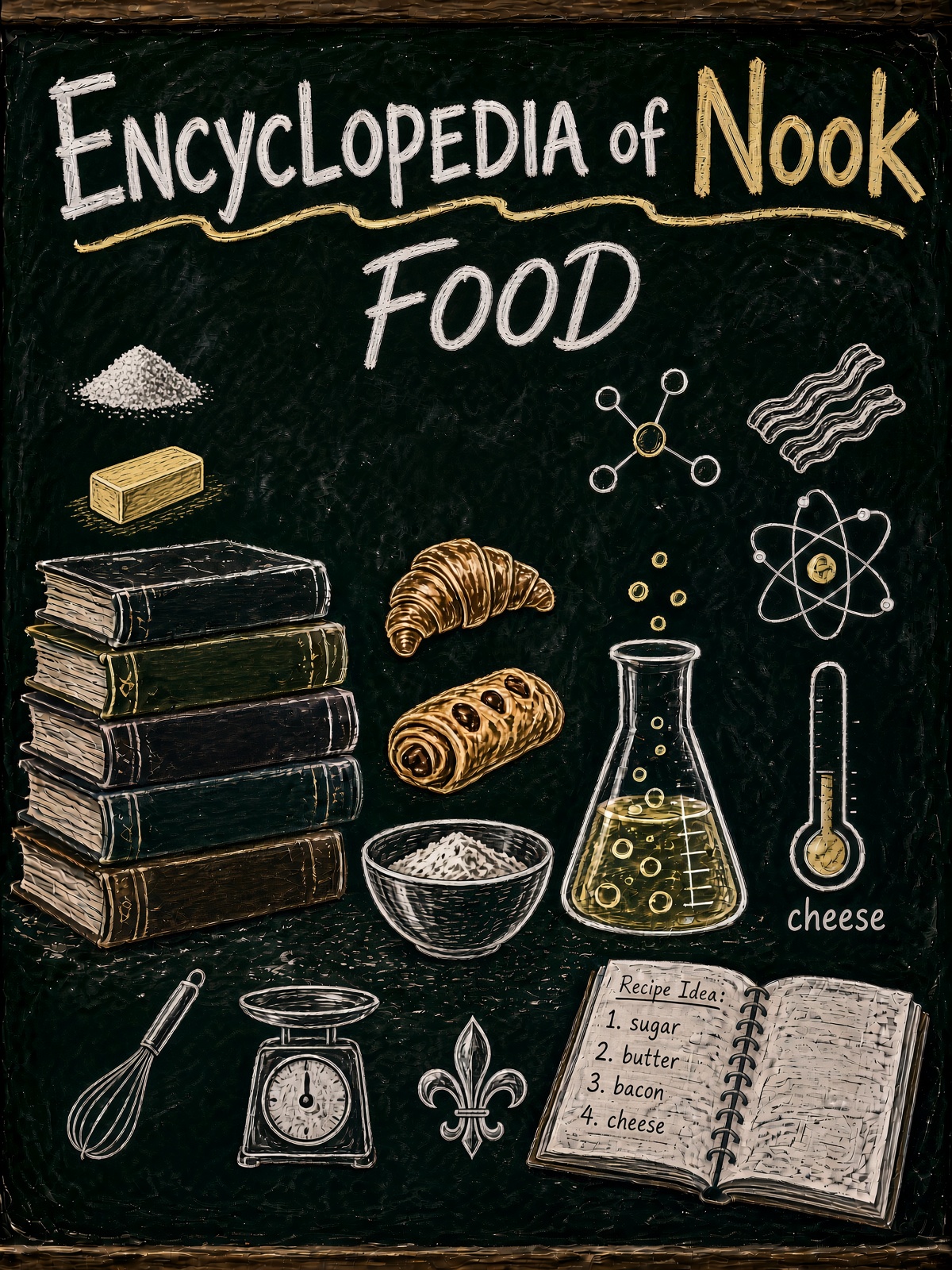 A chalk drawing titled Encyclopedia of Nook Food, with cookbooks, a bakery roll, and baking notes