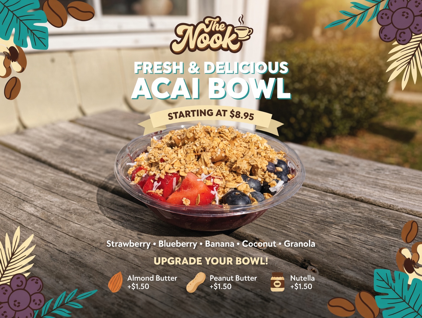 An açai bowl from The Nook, with strawberry, blueberry, banana, coconut, and granola