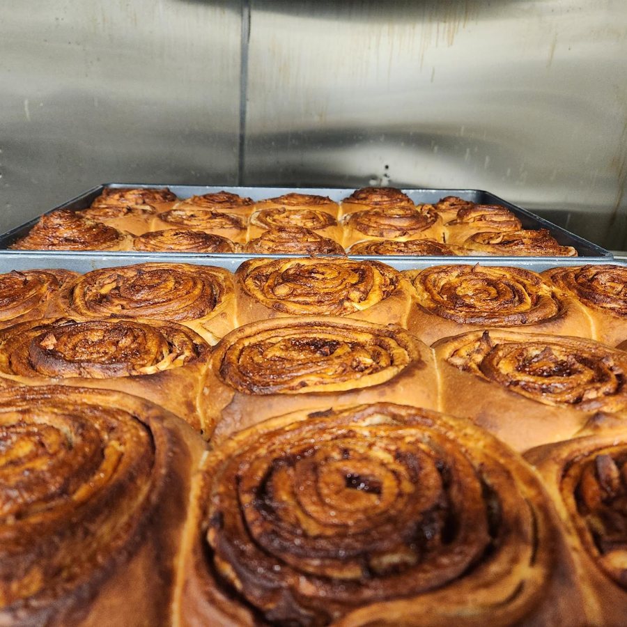A tray of cinnamon rolls baked at The Nook