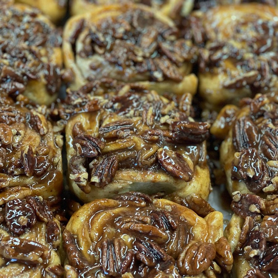 A pan of pecan sticky buns